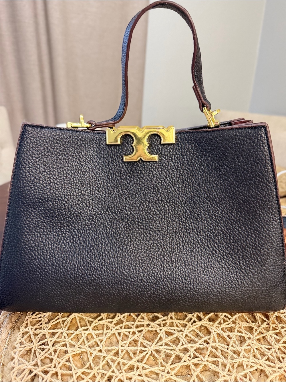 Tory Burch Black Pebbled Leather Top-Handle Satchel with Gold Hardware